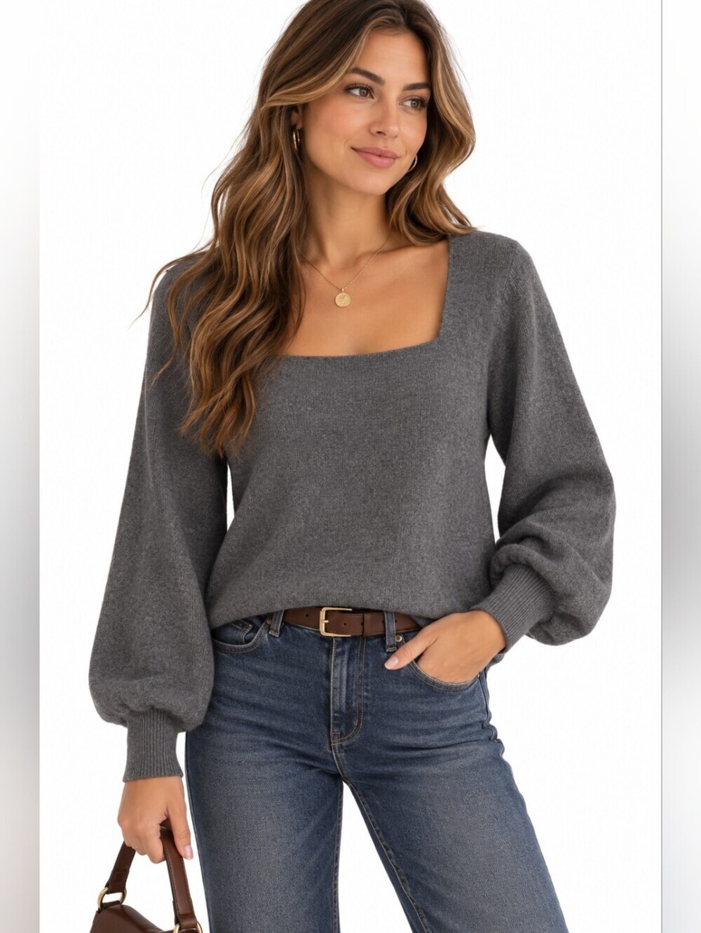 Women's Gibson & Latimer Heather Grey Ribbed Square Neck Sweater XL